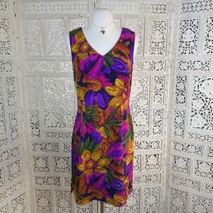Vtg Kathy Ireland Floral Colorful V Neck Dress Sz M Sleeveless Artsy Retro